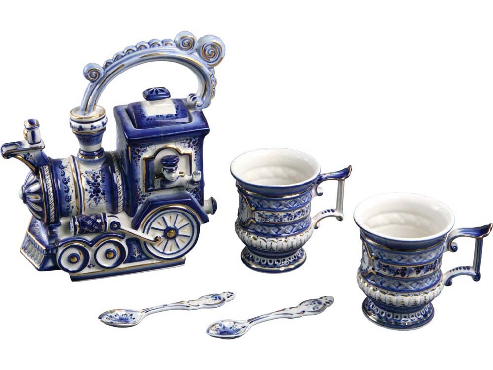 Чайный набор Поезд (белый, синий)